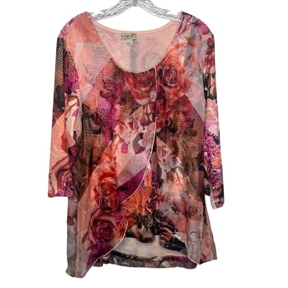 One World Womens 2X Floral Snakeskin Print Sequin Mesh Tunic Top Pink Orange 3/4